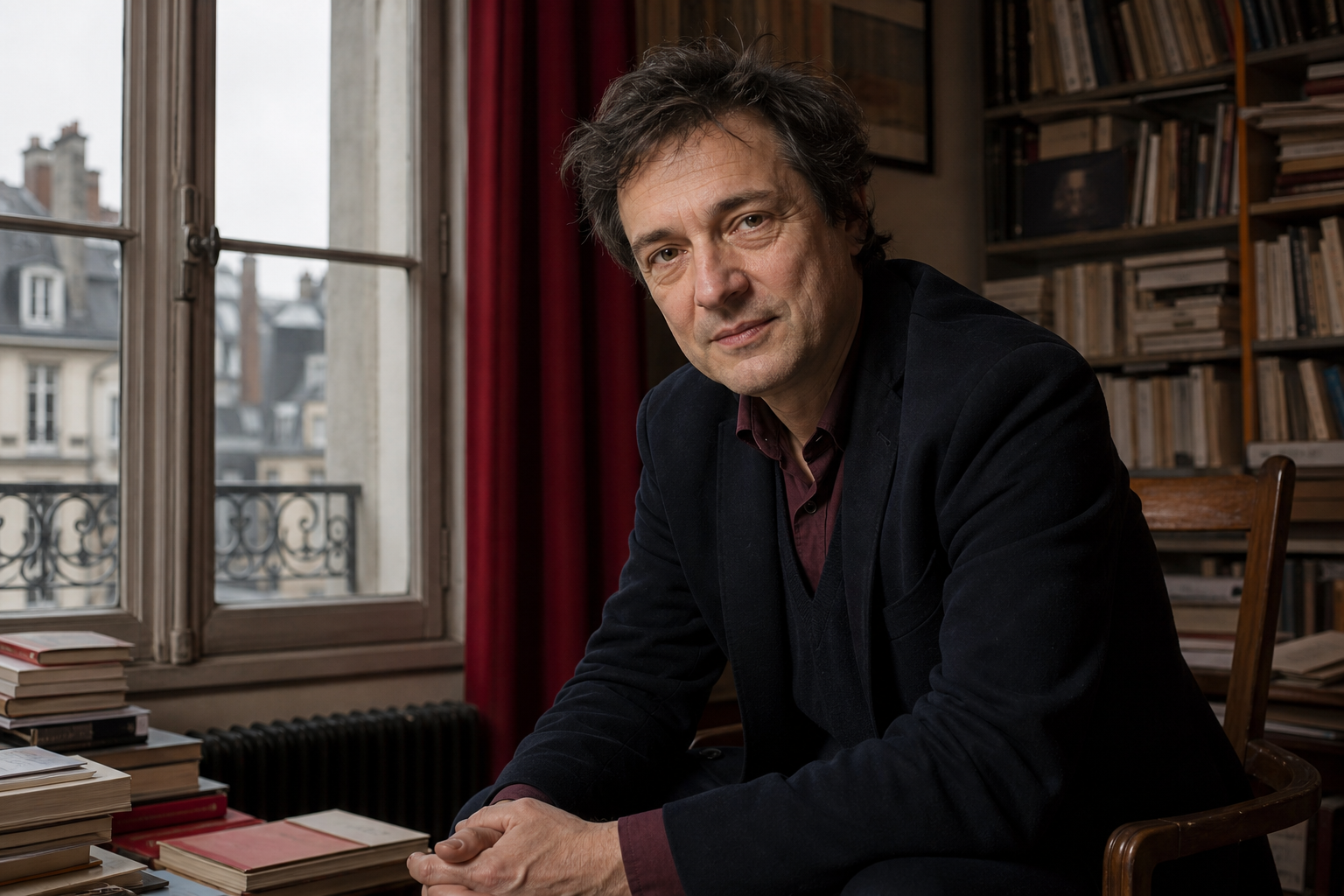 Écrivain portraituré dans sa bibliothèque